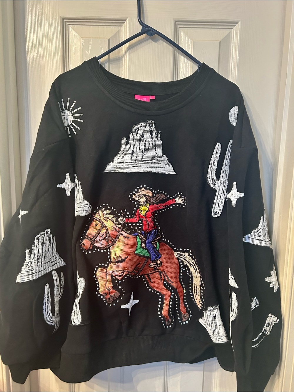 QUEEN OF SPARKLES Black Sweatshirt with Colorful Rodeo Horse Motif